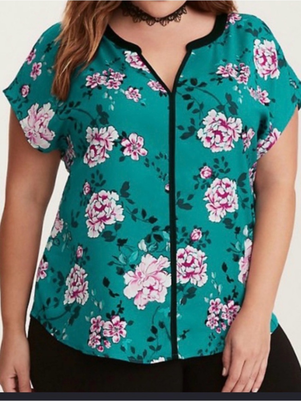 torrid Teal Floral Split-Neck Blouse with Black Trim